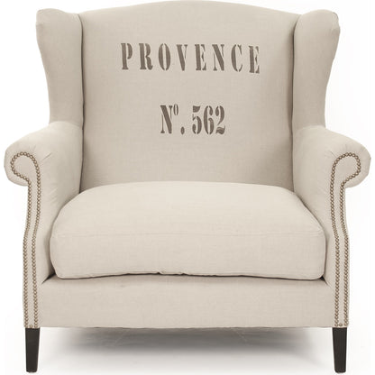 Napoleon Provence Half Wingback Chair by Zentique in natural linen. Made from dark brown oak in a traditional style.