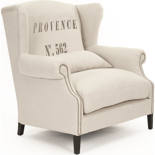 Napoleon Provence Half Wingback Chair by Zentique in natural linen. Made from dark brown oak in a traditional style.