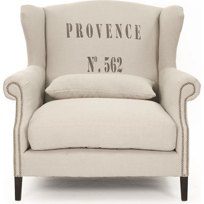 Napoleon Provence Half Wingback Chair by Zentique in natural linen. Made from dark brown oak in a traditional style.