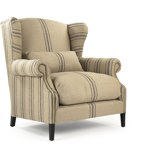 Napoleon Blue Stripe Half Wingback Chair by Zentique in english khaki linen with blue stripe. Made from dark brown oak in a traditional style.