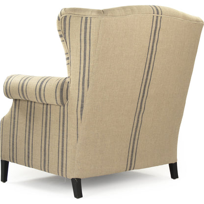Napoleon Blue Stripe Half Wingback Chair by Zentique in english khaki linen with blue stripe. Made from dark brown oak in a traditional style.