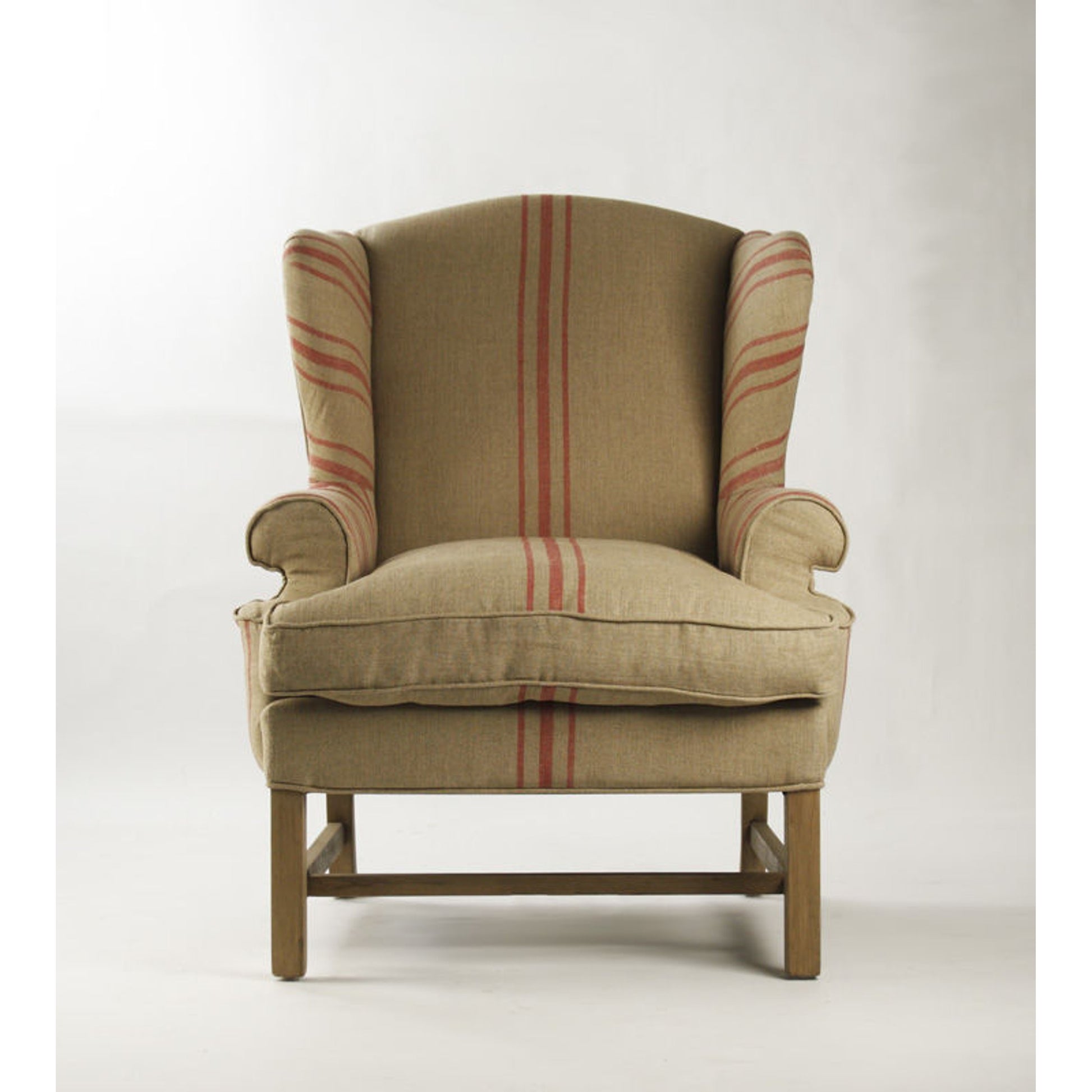 Fabien Club Chair by Zentique in english khaki linen with red stripe and reclaimed oak. Made from reclaimed oak in a cottage & farmhouse style.