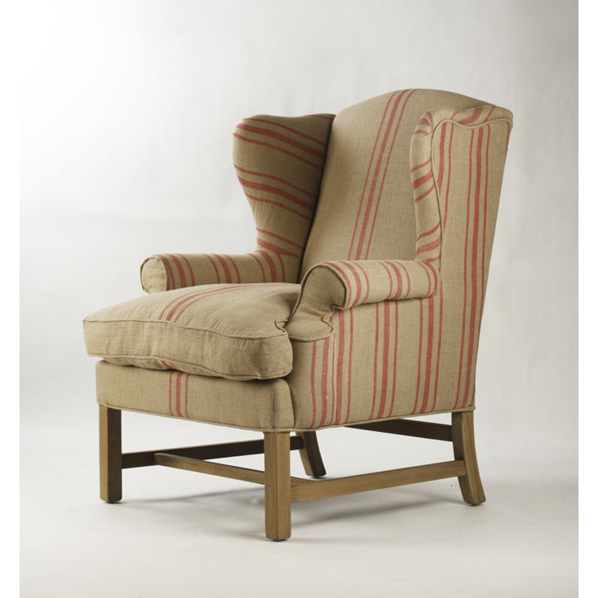 Fabien Club Chair by Zentique in english khaki linen with red stripe and reclaimed oak. Made from reclaimed oak in a cottage & farmhouse style.