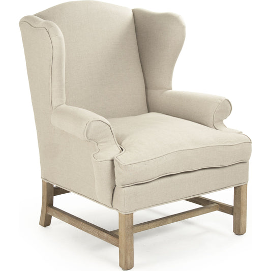 Fabien Wingback Chair by Zentique in natural linen and limed gray oak. Made from limed grey oak in a transitional style.