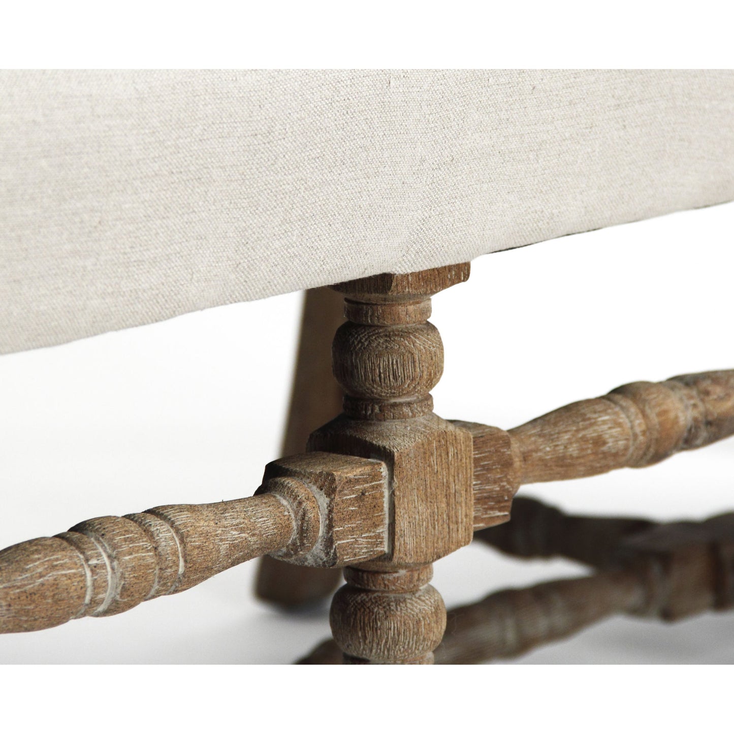 003 S-337166 | Closeup | Franck Bench by Zentique in natural linen and limed gray oak. Made from limed grey oak in a traditional style.