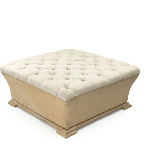 Quincy Ottoman by Zentique in natural linen, jute and limed gray oak. Made from limed grey oak in a transitional style.