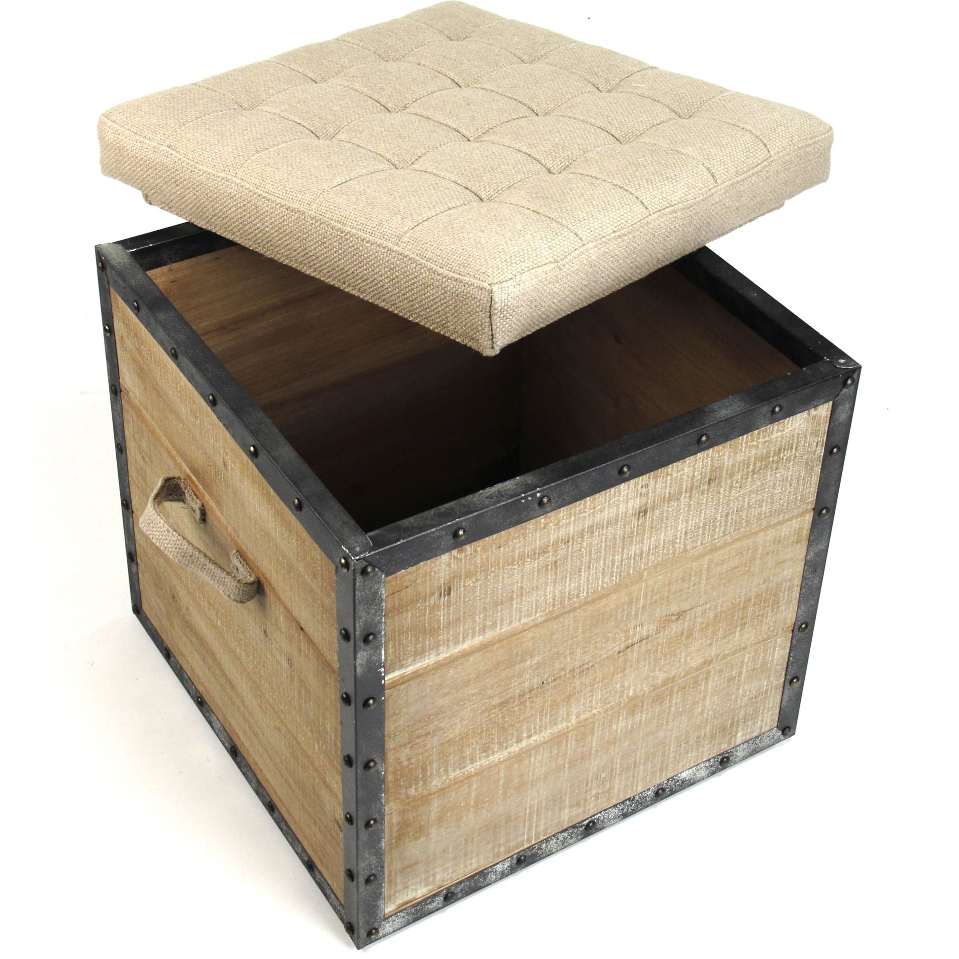 Faye Stool by Zentique in burlap and weathered oak. Made from weathered oak in a cottage & farmhouse style.