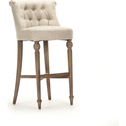 Amelie Bar Stool by Zentique in cream natural linen and pine, limed gray oak. Made from pine, limed grey oak in a traditional style.