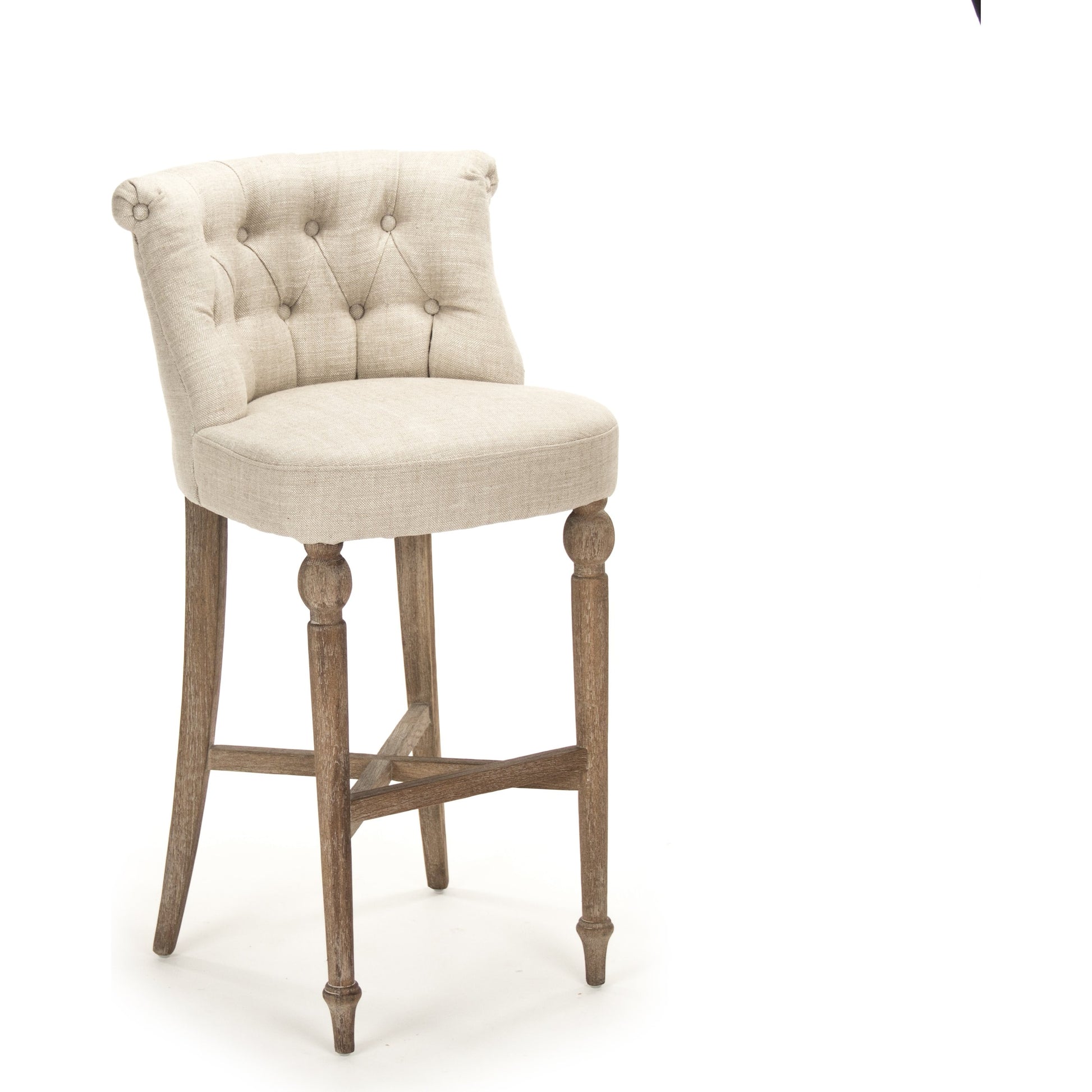 Amelie Bar Stool by Zentique in cream natural linen and pine, limed gray oak. Made from pine, limed grey oak in a traditional style.