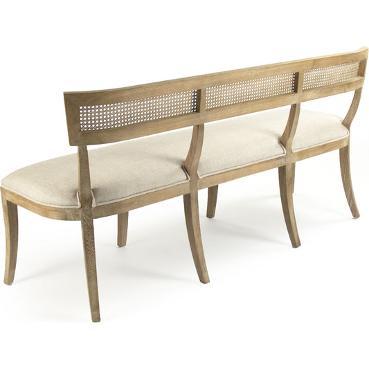 Carvell Cane Back Bench by Zentique in natural cream linen and limed gray oak. Made from limed grey oak in a transitional style.