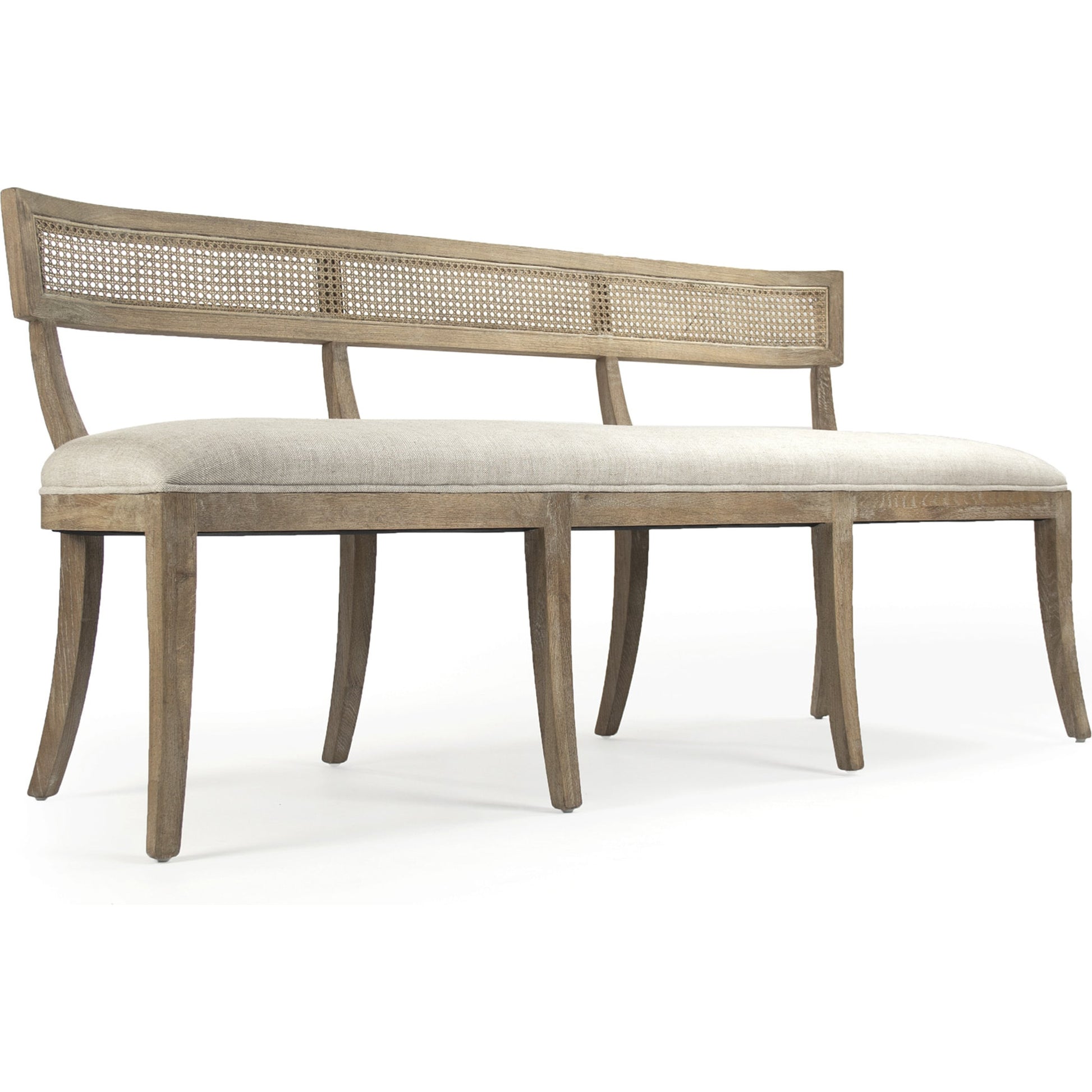 Carvell Cane Back Bench by Zentique in natural cream linen and limed gray oak. Made from limed grey oak in a transitional style.