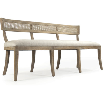 Carvell Cane Back Bench by Zentique in natural cream linen and limed gray oak. Made from limed grey oak in a transitional style.