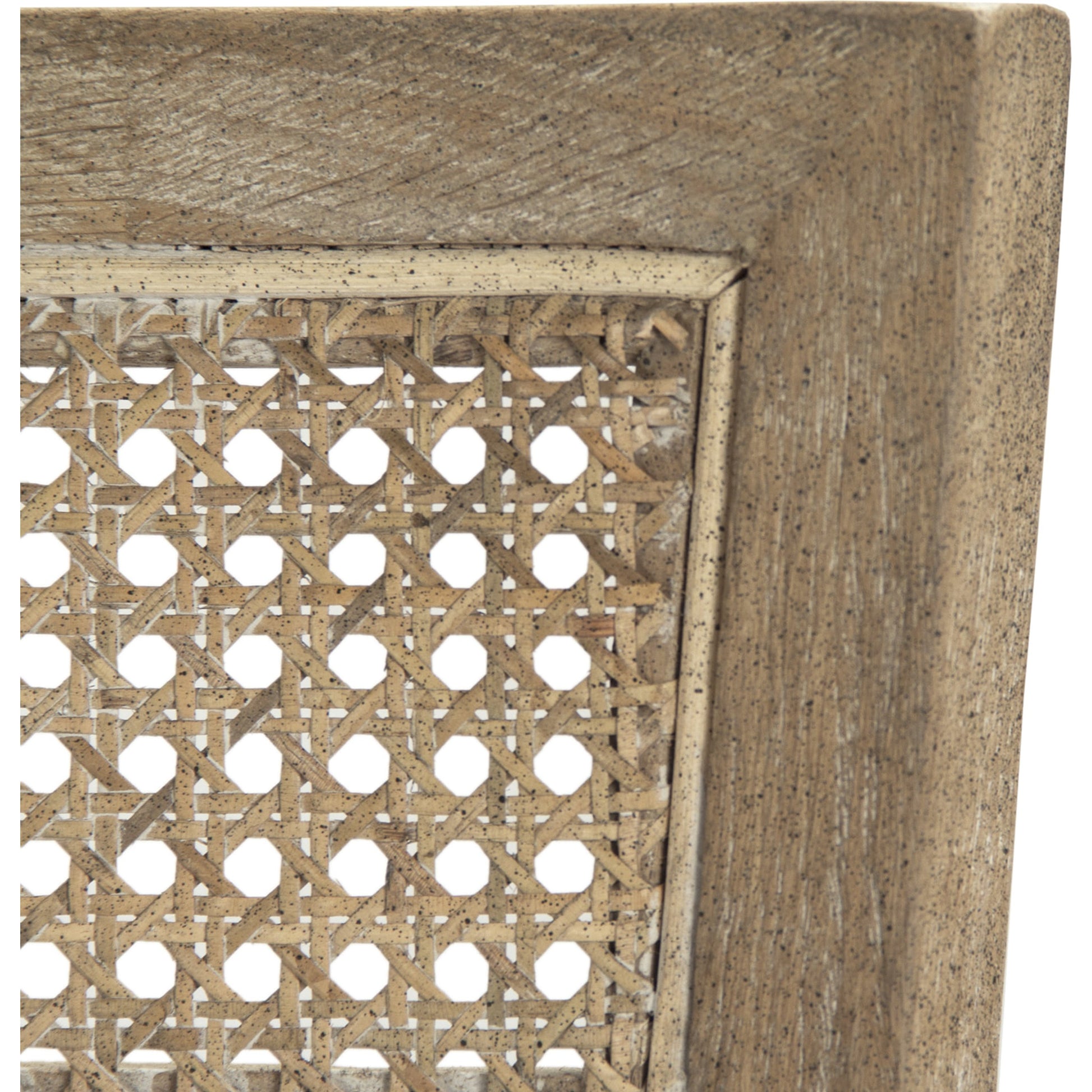 Carvell Cane Back Bench by Zentique in natural cream linen and limed gray oak. Made from limed grey oak in a transitional style.