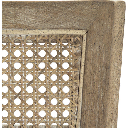 Carvell Cane Back Bench by Zentique in natural cream linen and limed gray oak. Made from limed grey oak in a transitional style.