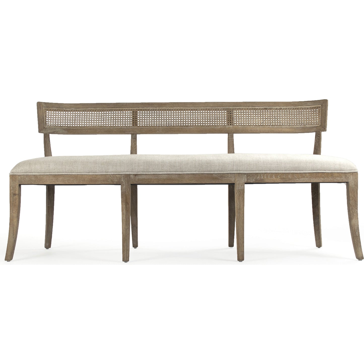 003 S-336855 | Additional Silo | Carvell Cane Back Bench by Zentique in natural cream linen and limed gray oak. Made from limed grey oak in a transitional style.