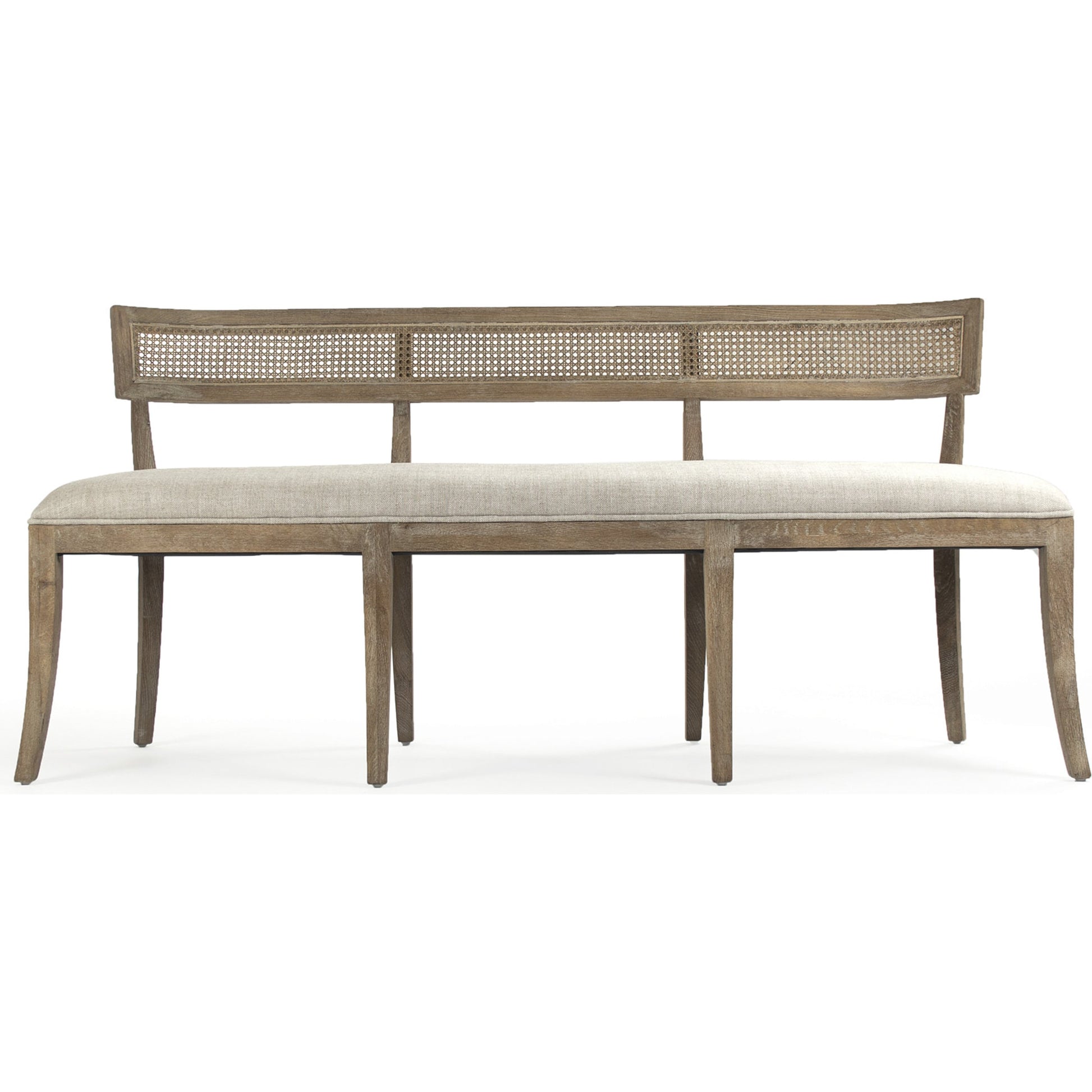 Carvell Cane Back Bench by Zentique in natural cream linen and limed gray oak. Made from limed grey oak in a transitional style.
