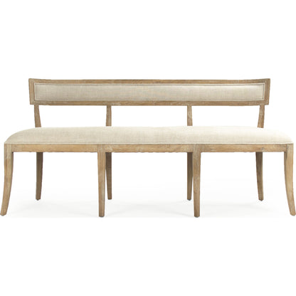 Carvell Bench by Zentique in natural cream linen and limed gray oak. Made from limed grey oak in a transitional style.