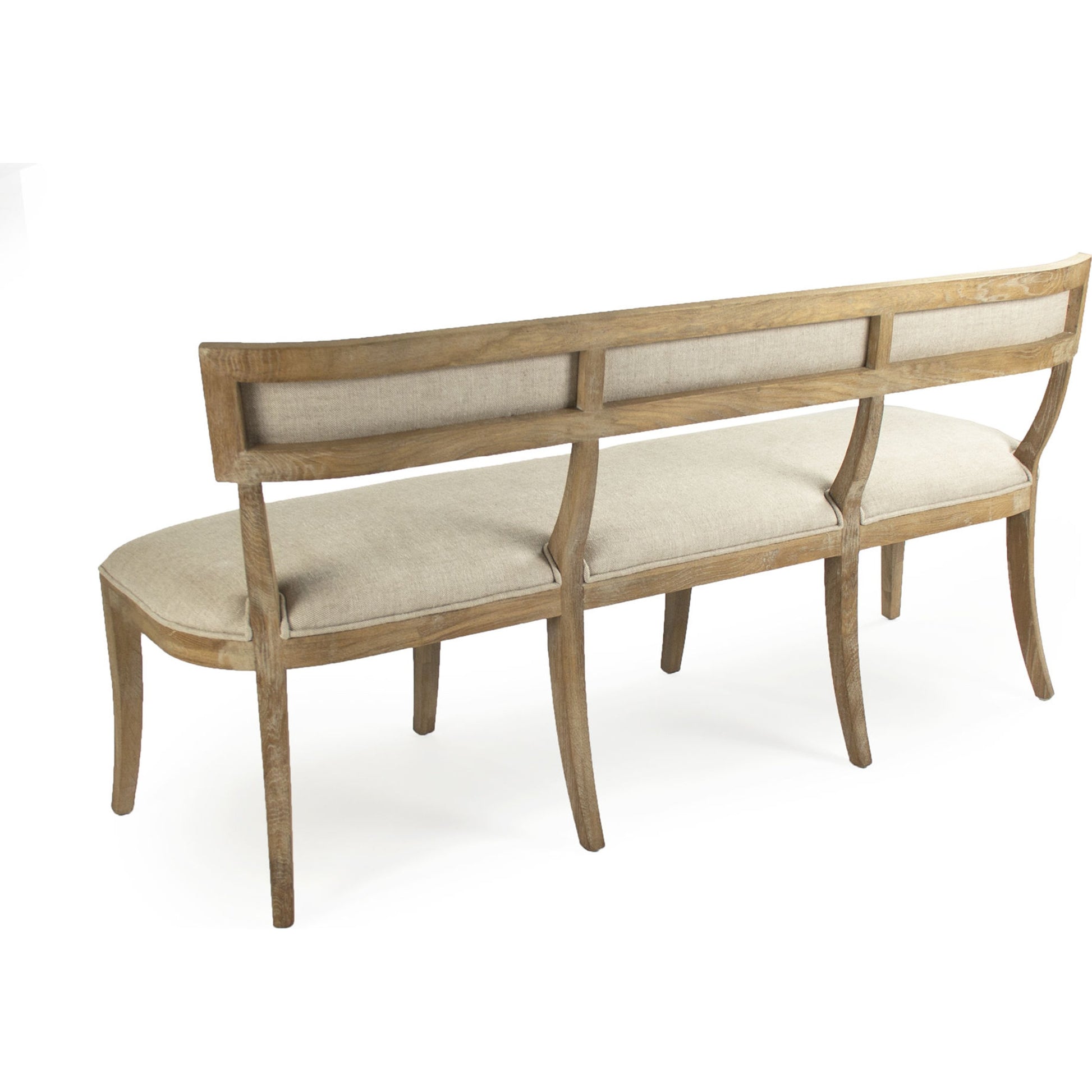 Carvell Bench by Zentique in natural cream linen and limed gray oak. Made from limed grey oak in a transitional style.
