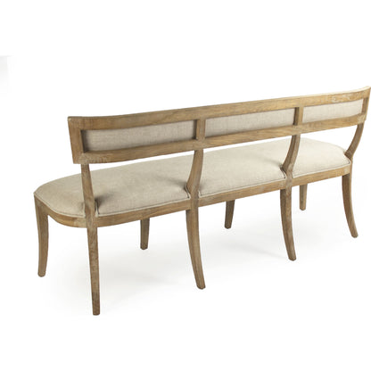 Carvell Bench by Zentique in natural cream linen and limed gray oak. Made from limed grey oak in a transitional style.