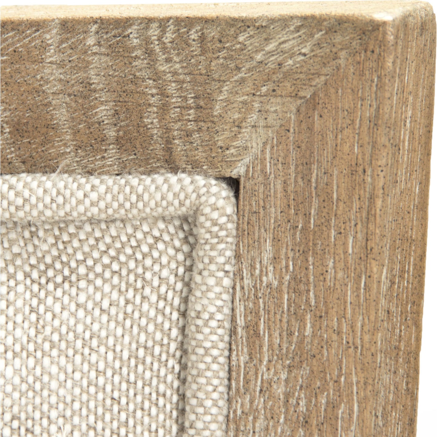 005 S-336854 | Closeup | Carvell Bench by Zentique in natural cream linen and limed gray oak. Made from limed grey oak in a transitional style.