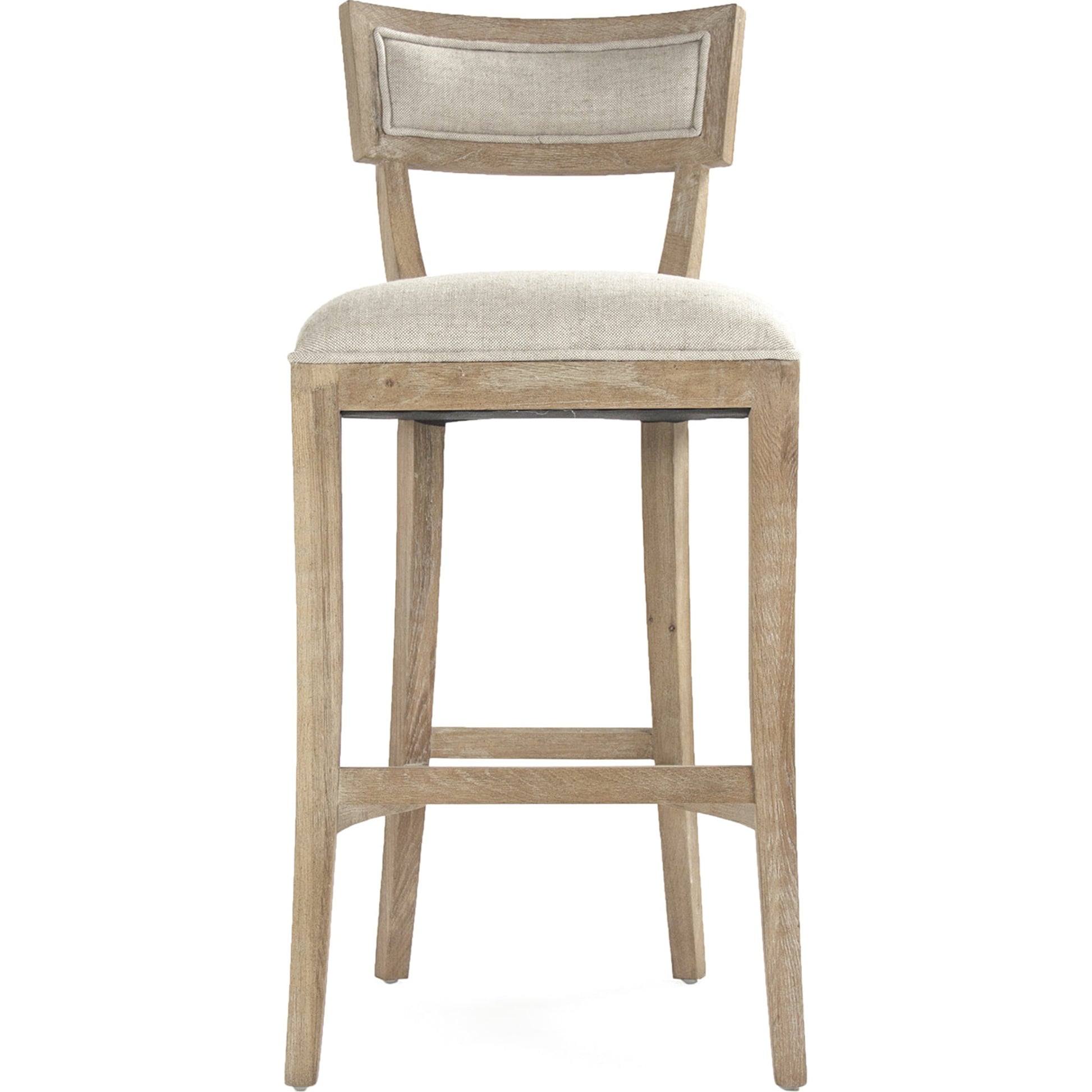 Carvell Bar Stool by Zentique in natural cream linen and limed gray oak. Made from limed grey oak in a transitional style.