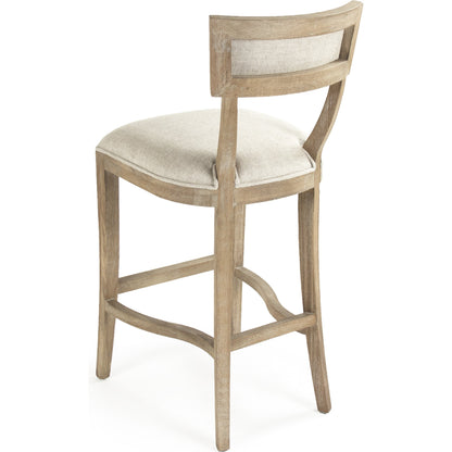 Carvell Bar Stool by Zentique in natural cream linen and limed gray oak. Made from limed grey oak in a transitional style.