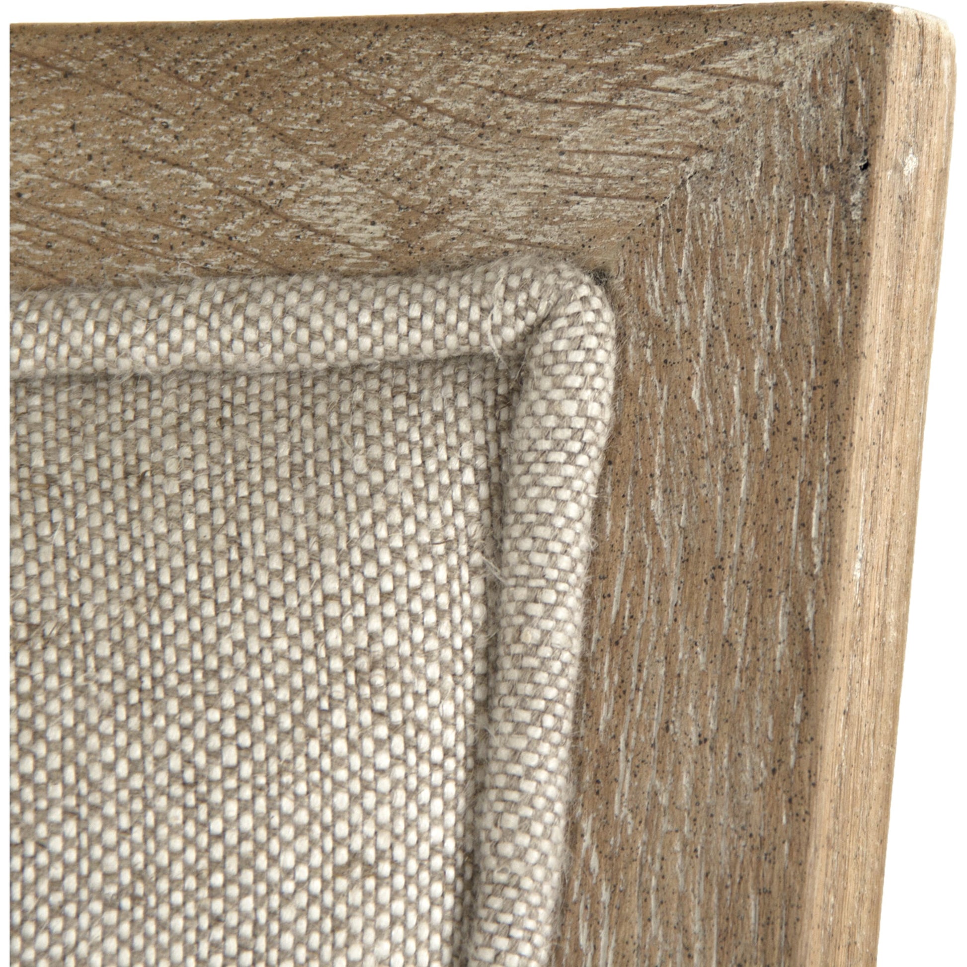 Carvell Bar Stool by Zentique in natural cream linen and limed gray oak. Made from limed grey oak in a transitional style.