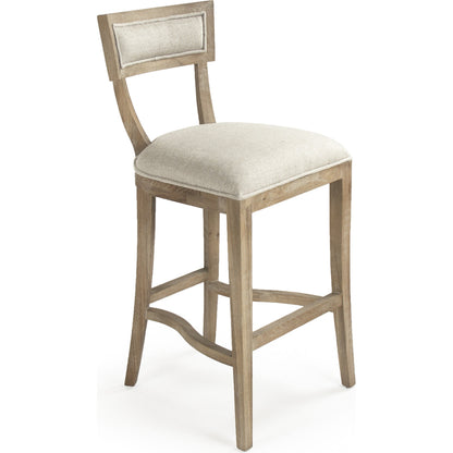 Carvell Bar Stool by Zentique in natural cream linen and limed gray oak. Made from limed grey oak in a transitional style.