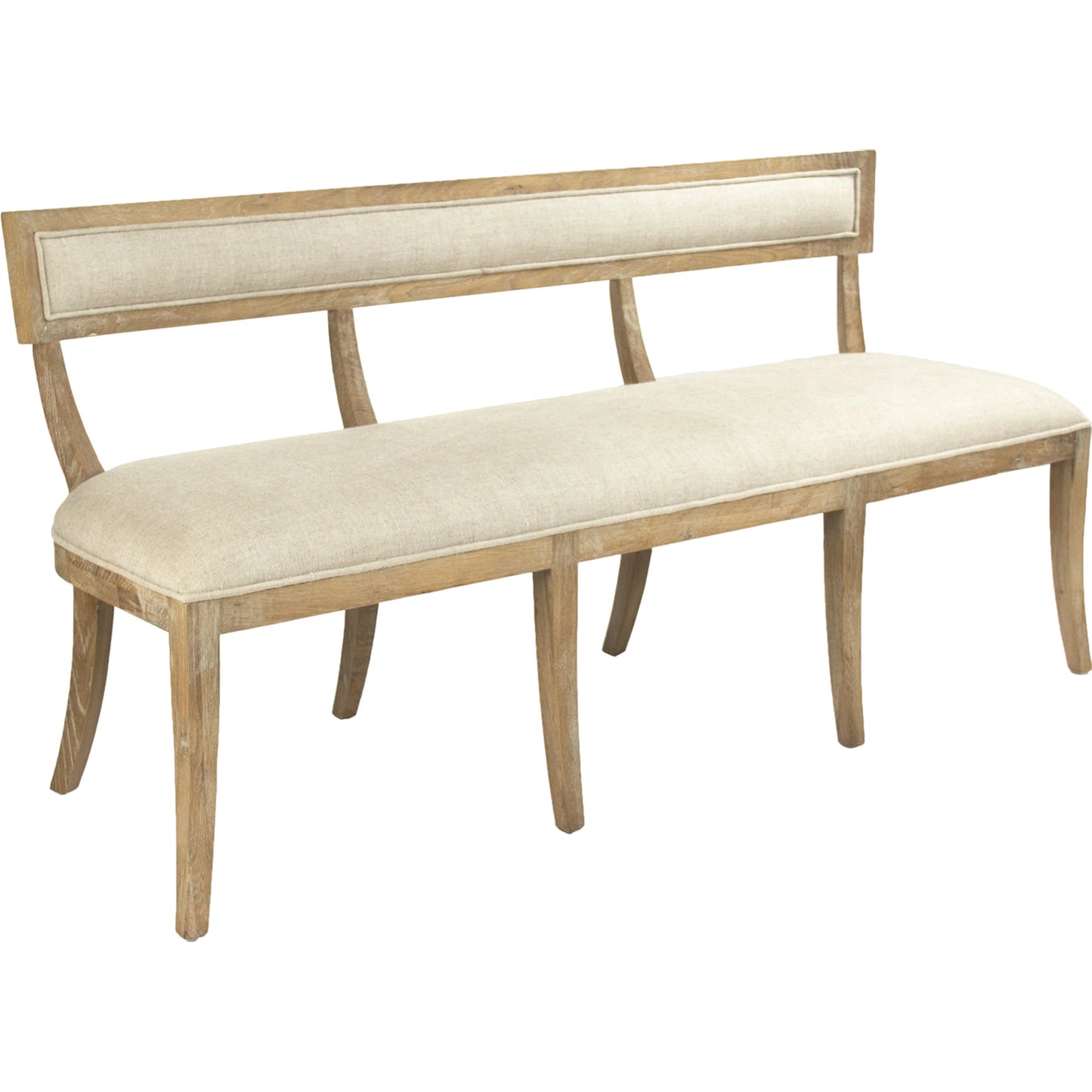 001 S-336854 | Primary Silo | Carvell Bench by Zentique in natural cream linen and limed gray oak. Made from limed grey oak in a transitional style.