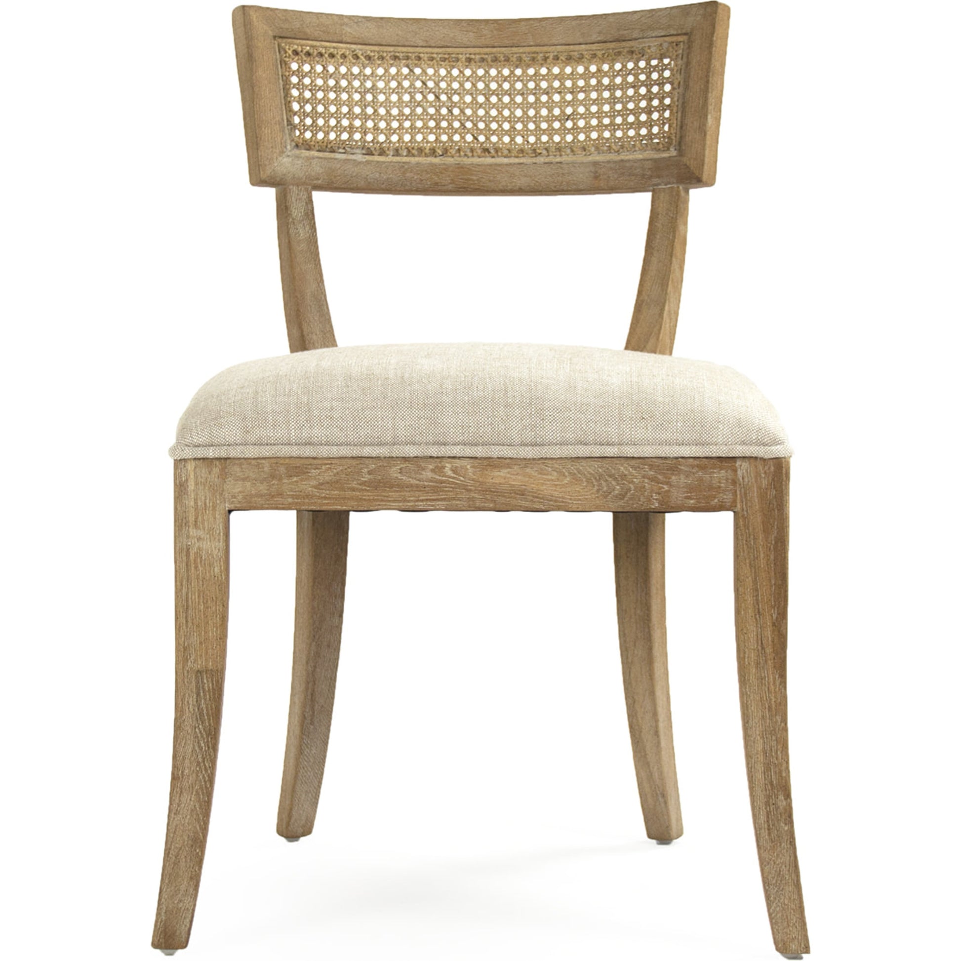 Carvell Cane Back Side Chair by Zentique in natural cream linen and limed gray oak. Made from limed grey oak in a transitional style.