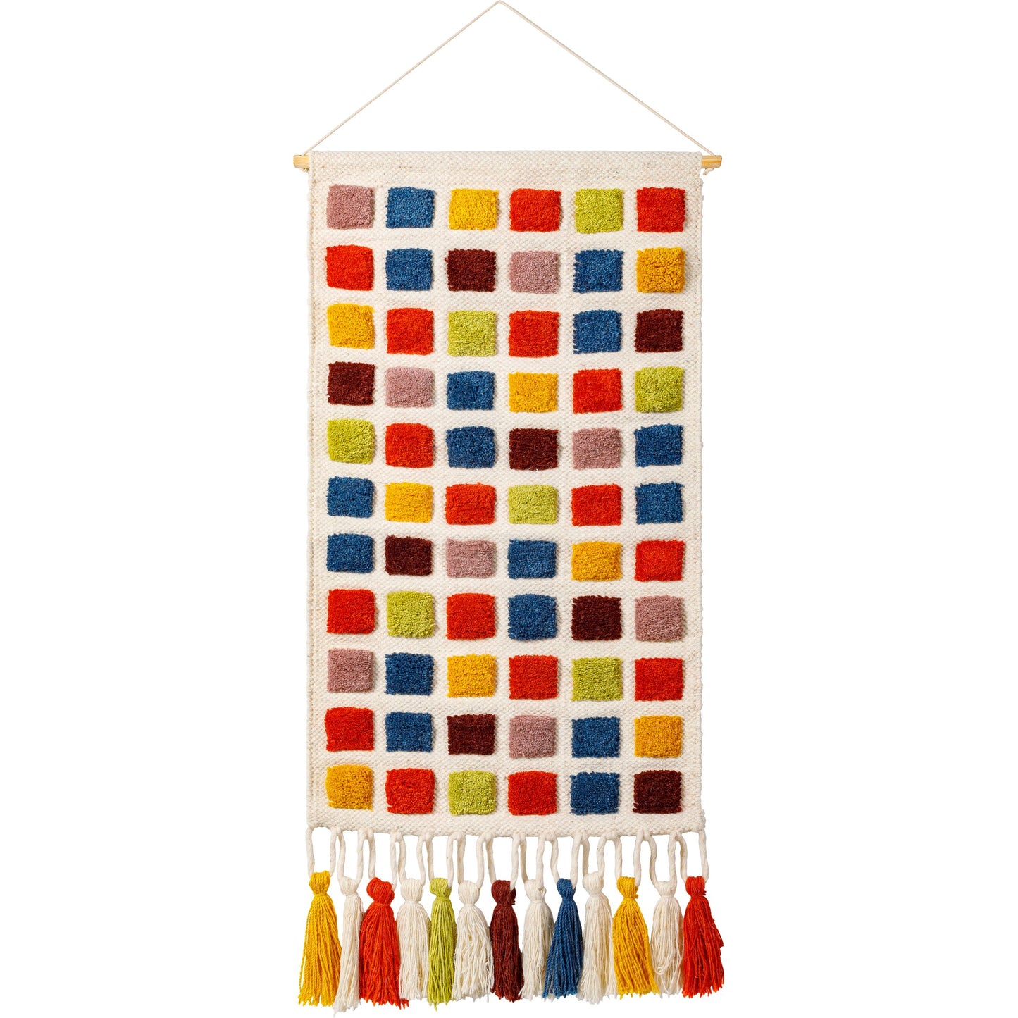 001 SI-1914941 | Primary Silo | Colorful Grid Wall Hanging - 30836 by Livabliss in pearl, ivory, garnet, ink, brass. Made from main: 70% wool, main: 20% polyester, main: 10% cotton, rod: wood in a modern style.