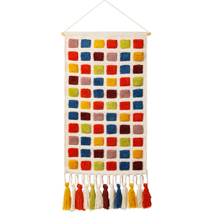 Colorful Grid Wall Hanging - 30836 by Livabliss in pearl, ivory, garnet, ink, brass. Made from main: 70% wool, main: 20% polyester, main: 10% cotton, rod: wood in a modern style.
