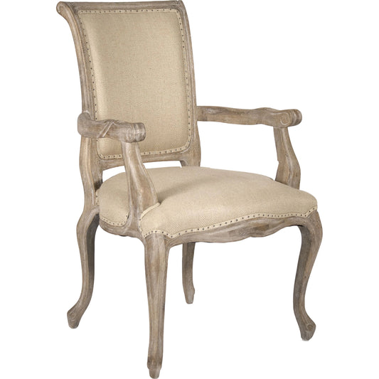 Dijon Arm Chair by Zentique in hemp linen and limed gray oak. Made from limed grey oak in a traditional style.