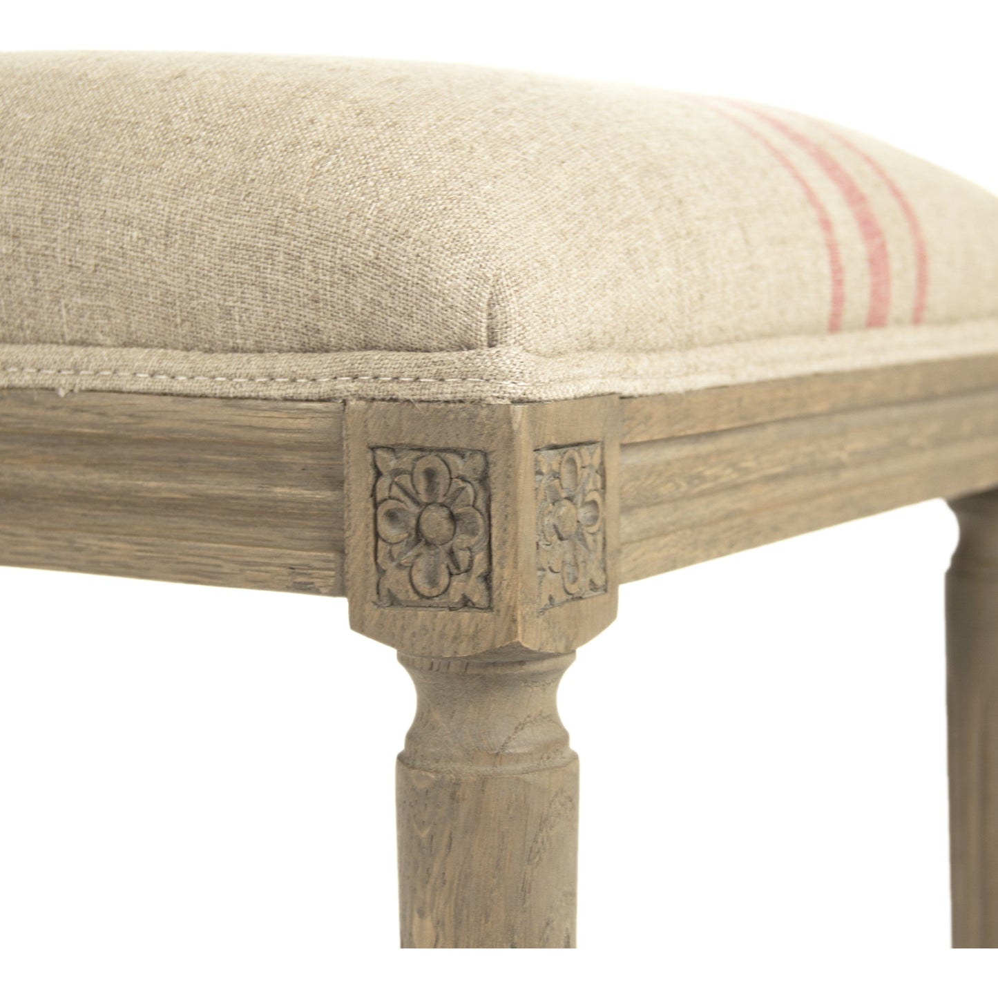 003 S-337633 | Closeup | Louis Red Striped Bench by Zentique in khaki linen with red stripe and reclaimed oak. Made from reclaimed oak in a modern style.