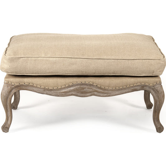 Belmont Ottoman by Zentique in hemp linen, jute and limed gray oak. Made from limed grey oak in a traditional style.