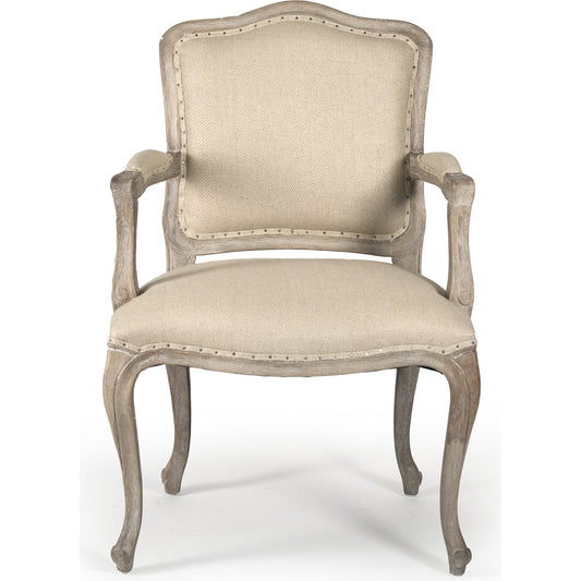 Cannes Arm Chair by Zentique in hemp linen and limed gray oak. Made from limed grey oak in a traditional style.