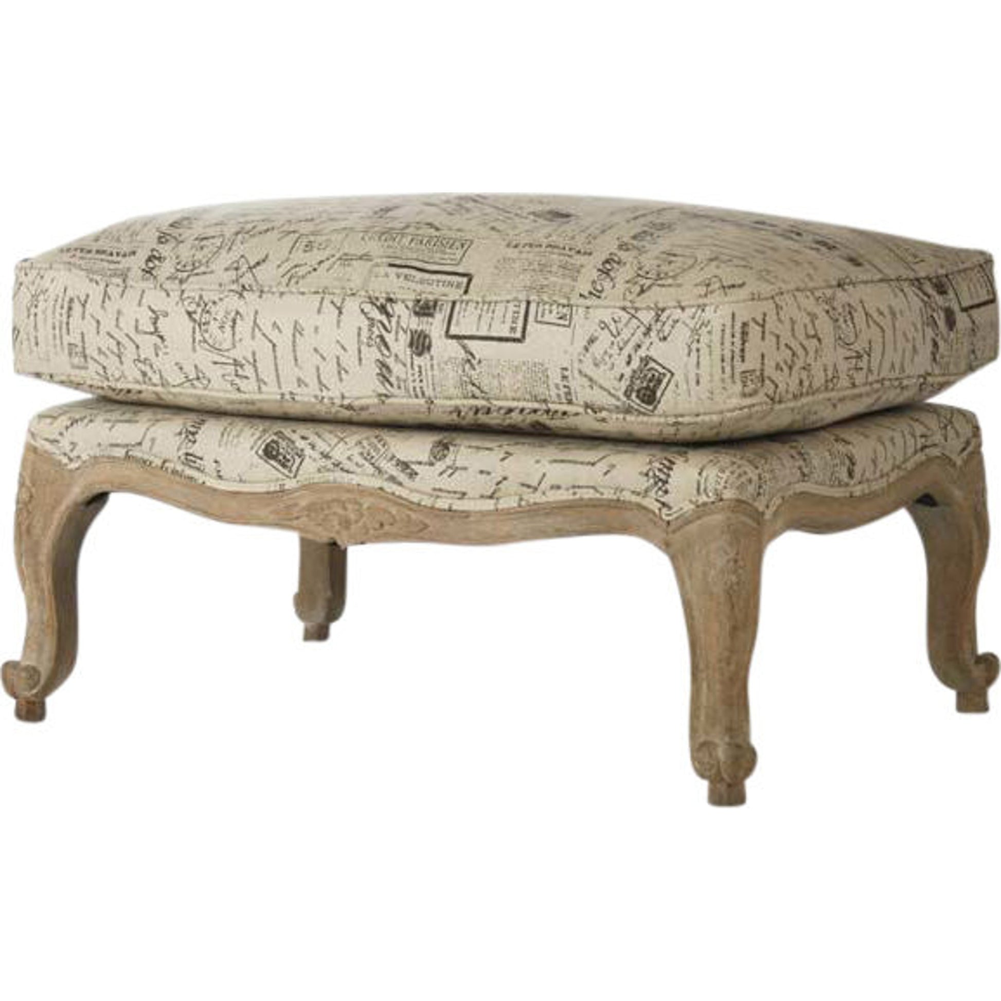 Paris Ottoman by Zentique in natural linen with brown prints and limed gray oak. Made from limed grey oak in a traditional style.