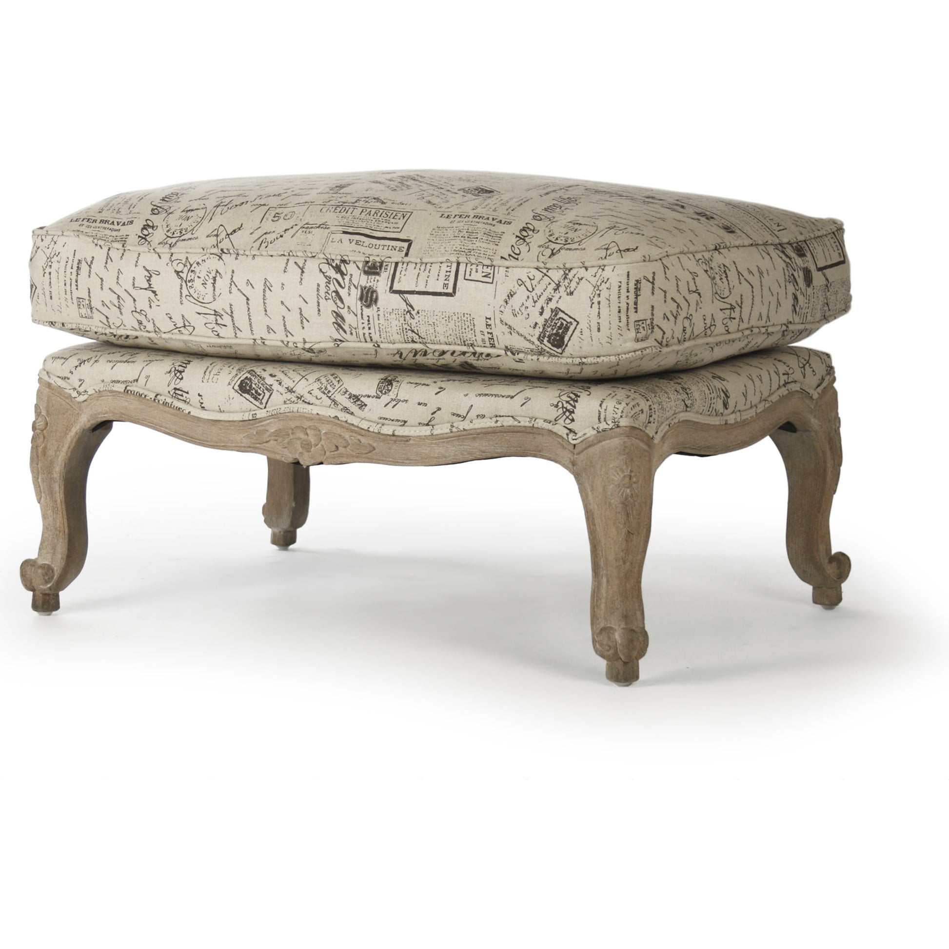 Paris Ottoman by Zentique in natural linen with brown prints and limed gray oak. Made from limed grey oak in a traditional style.