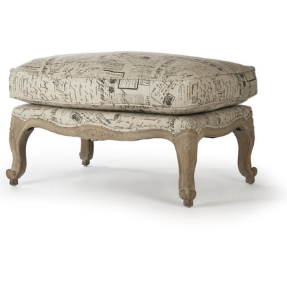 Paris Ottoman by Zentique in natural linen with brown prints and limed gray oak. Made from limed grey oak in a traditional style.