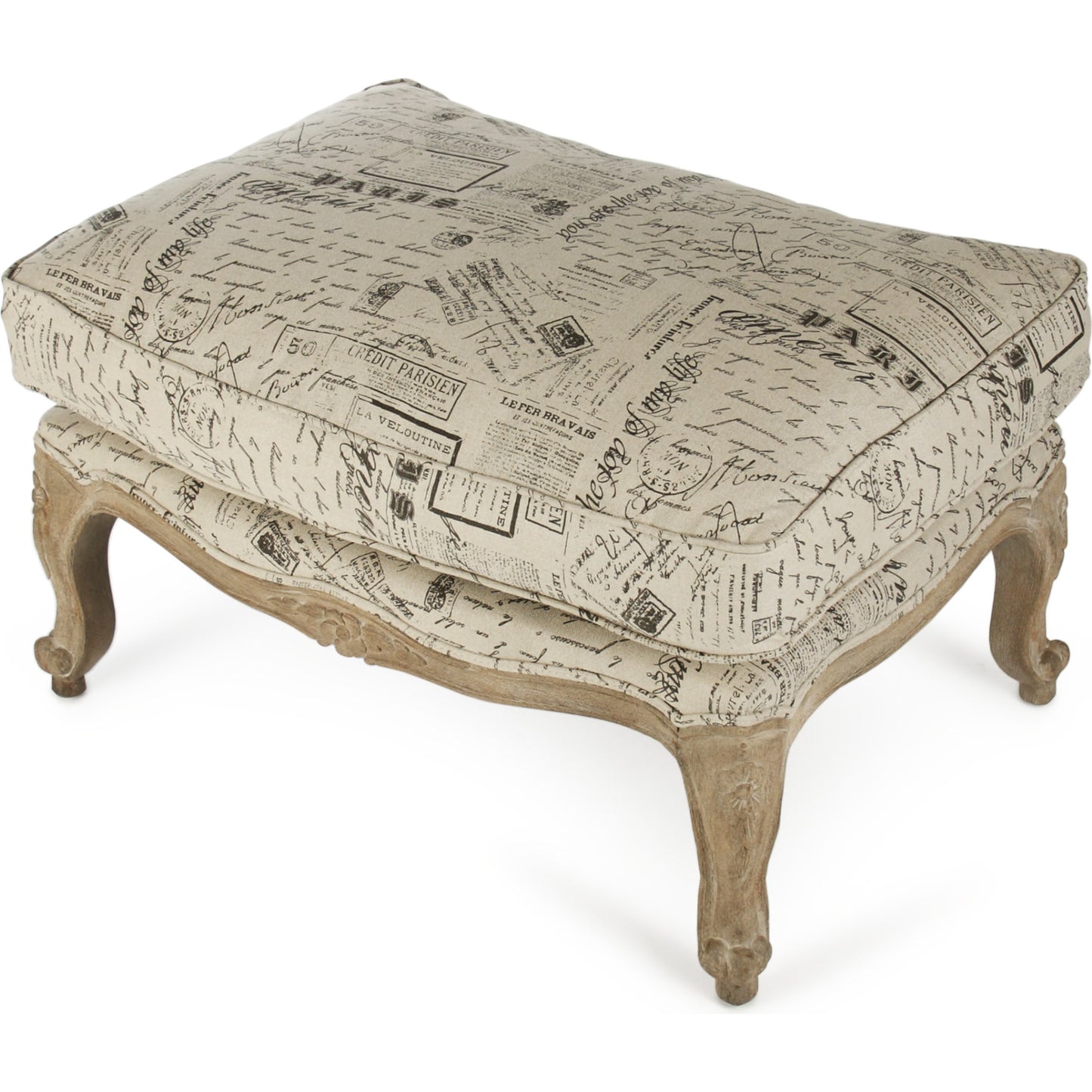 001 S-338004 | Primary Silo | Paris Ottoman by Zentique in natural linen with brown prints and limed gray oak. Made from limed grey oak in a traditional style.