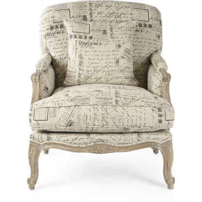 Paris Club Chair by Zentique in natural linen with brown prints and limed gray oak. Made from limed grey oak in a traditional style.