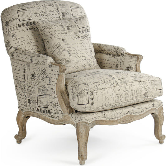 Paris Club Chair by Zentique in natural linen with brown prints and limed gray oak. Made from limed grey oak in a traditional style.