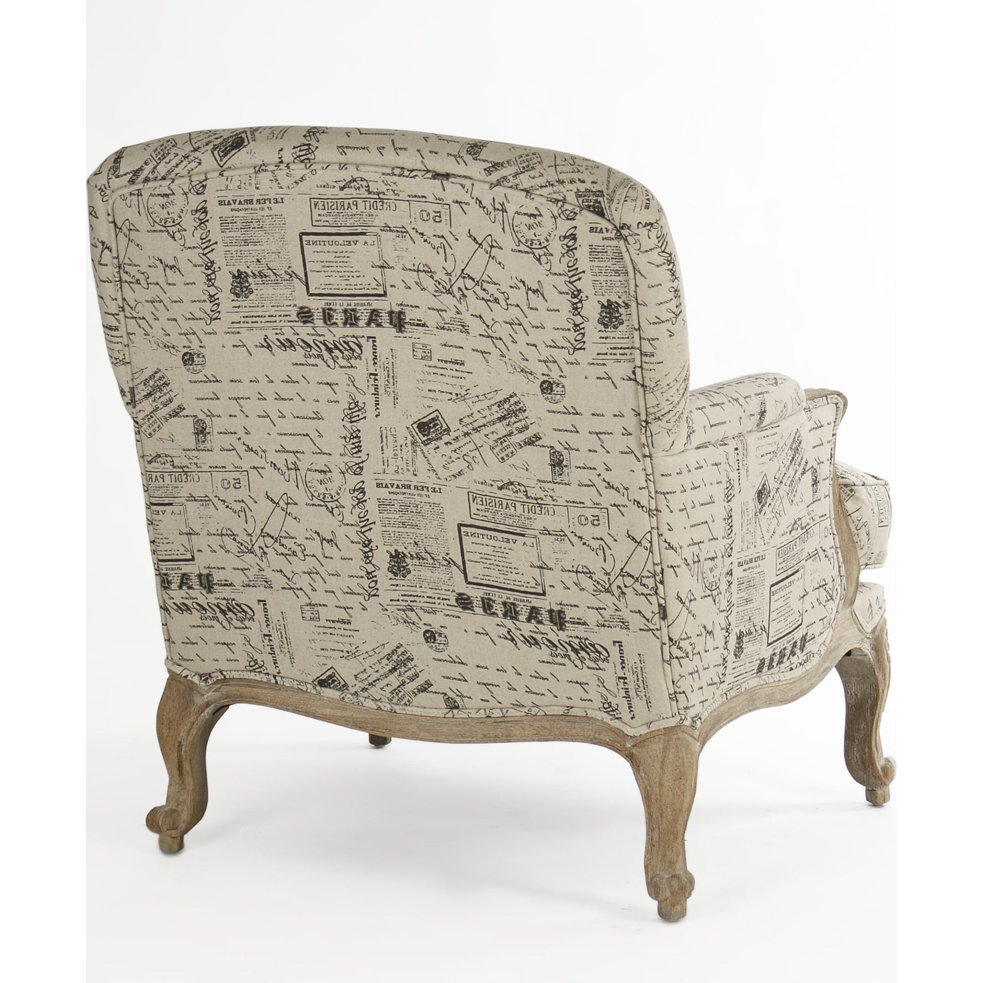 Paris Club Chair by Zentique in natural linen with brown prints and limed gray oak. Made from limed grey oak in a traditional style.