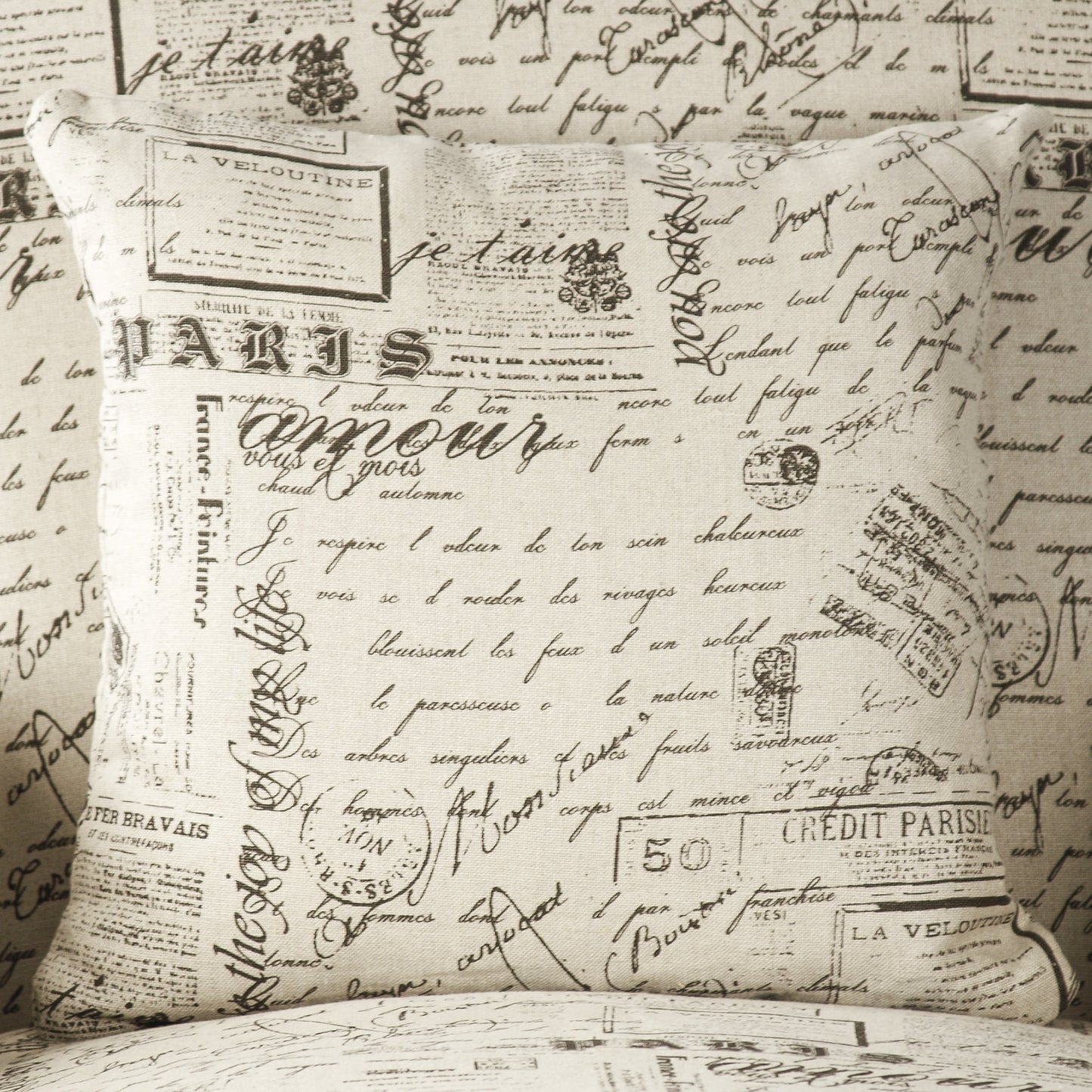 004 S-338003 | Closeup | Paris Club Chair by Zentique in natural linen with brown prints and limed gray oak. Made from limed grey oak in a traditional style.