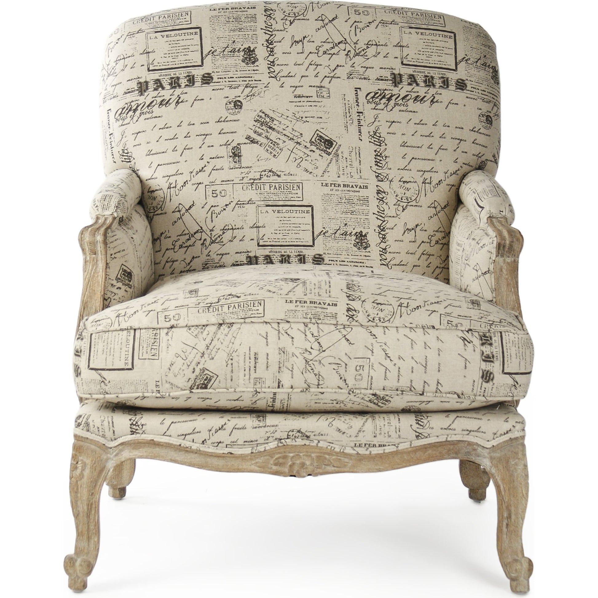 Paris Club Chair by Zentique in natural linen with brown prints and limed gray oak. Made from limed grey oak in a traditional style.