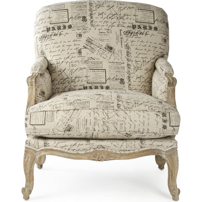 Paris Club Chair by Zentique in natural linen with brown prints and limed gray oak. Made from limed grey oak in a traditional style.