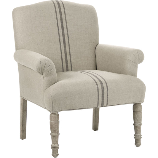 Rana Club Chair by Zentique in natural linen with blue stripe and limed gray oak. Made from limed grey oak in a traditional style.