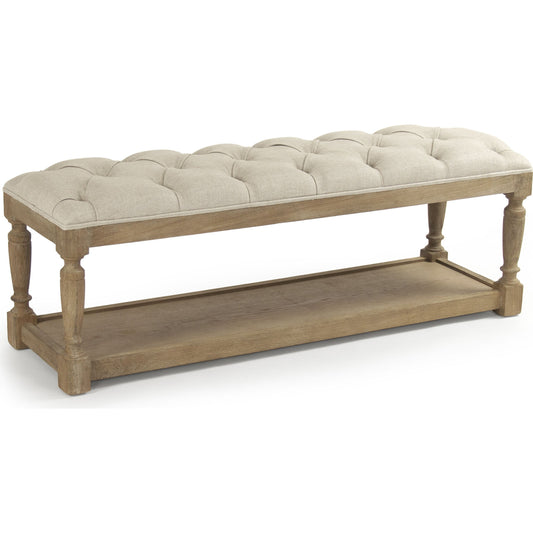 Patrice Tufted Bench by Zentique in cream natural linen and limed gray oak. Made from limed grey oak in a cottage & farmhouse style.