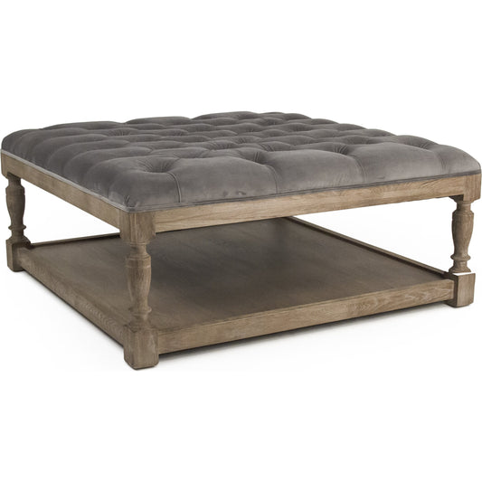 Square Tufted Velvet Ottoman by Zentique in limed gray oak. Made from limed grey oak in a traditional style.