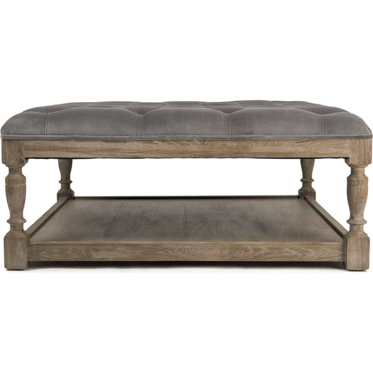 Square Tufted Velvet Ottoman by Zentique in limed gray oak. Made from limed grey oak in a traditional style.